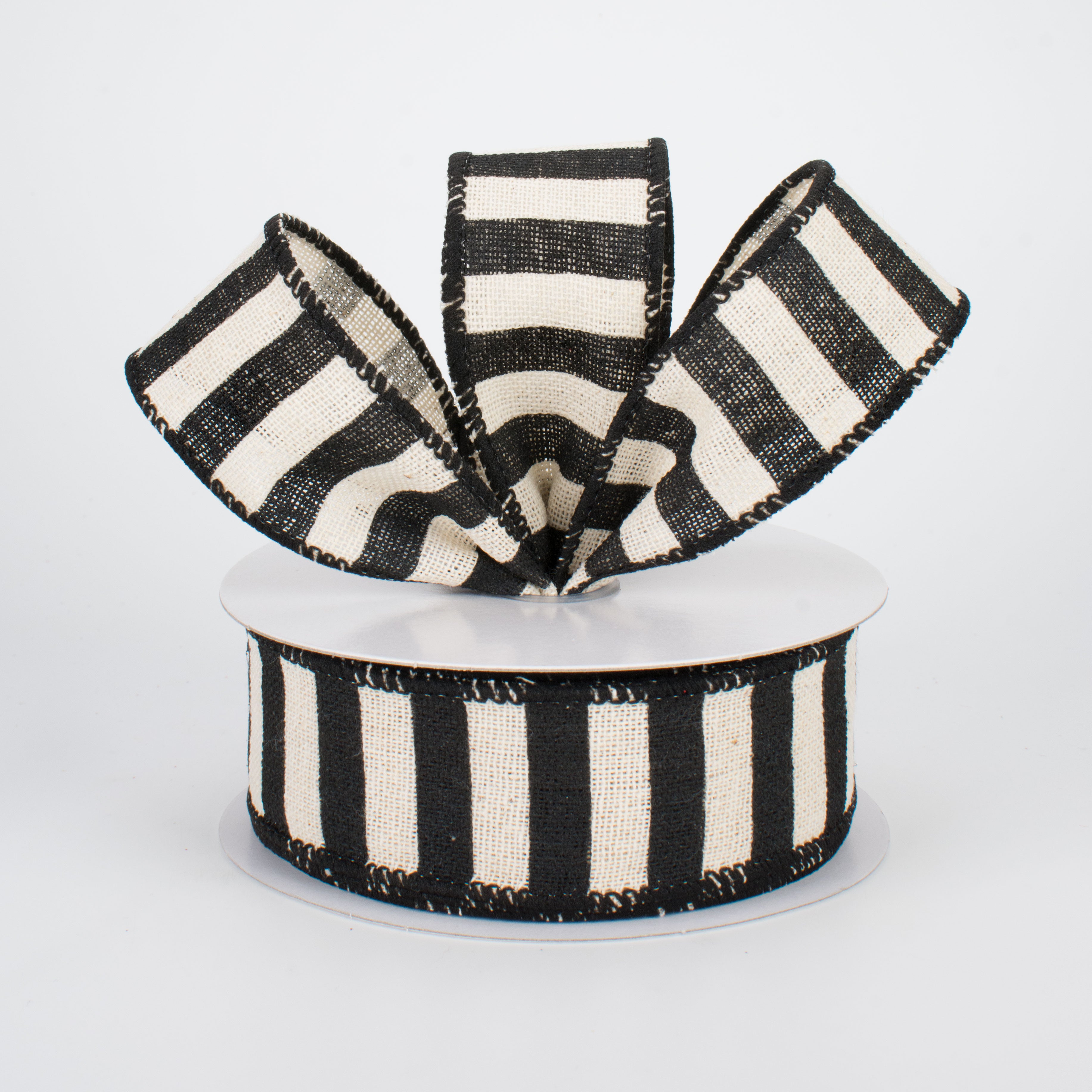 1.5" Horizontal Canvas Stripe Ribbon: Black & Natural (10 Yards)