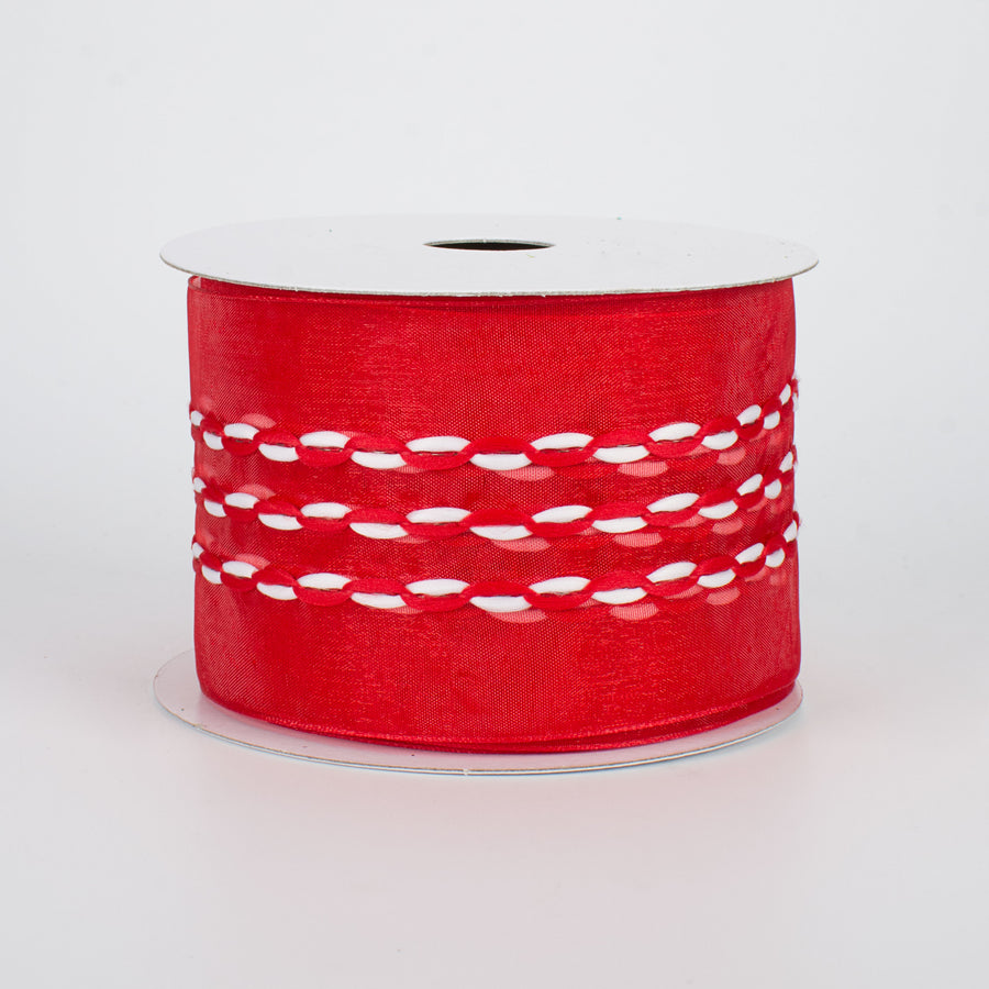 2.5" Sheer Red & White Braid Ribbon: Red (10 Yards)