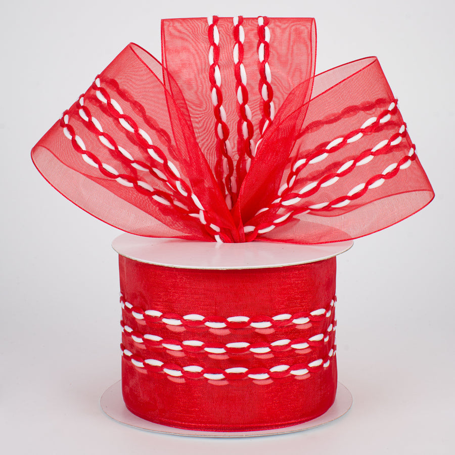 2.5" Sheer Red & White Braid Ribbon: Red (10 Yards)