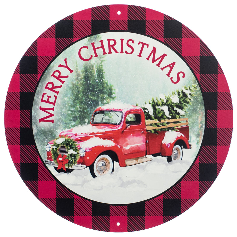 12" Metal Sign: Buffalo Plaid Merry Christmas Truck