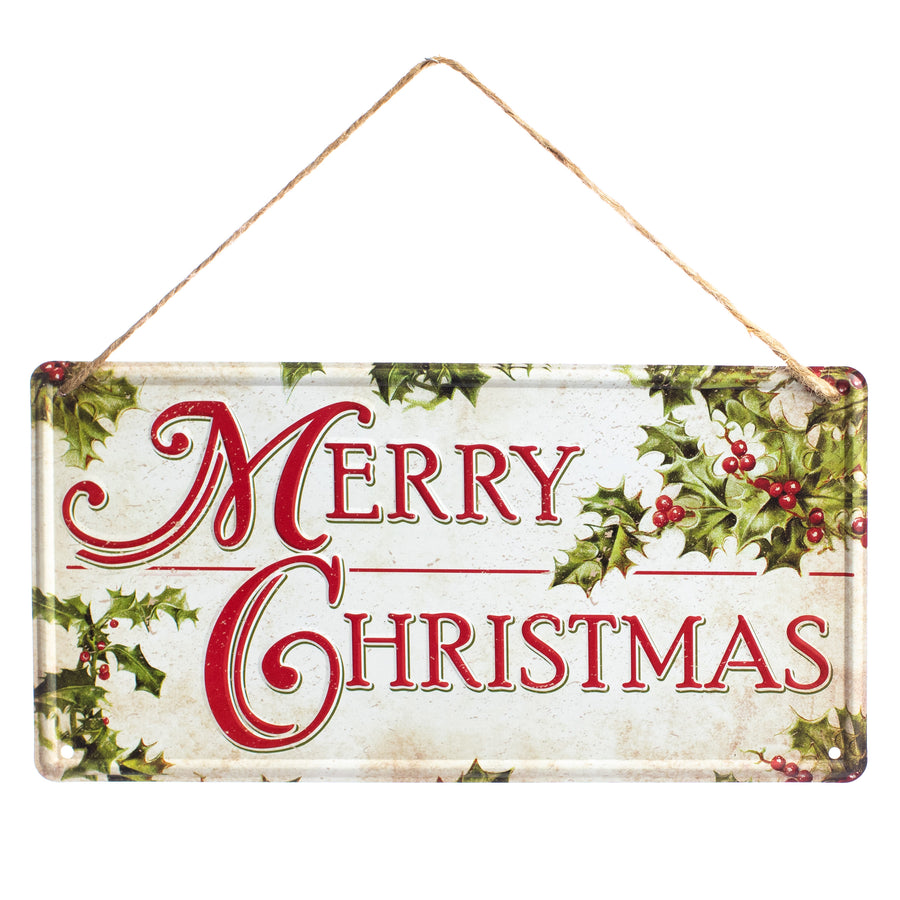 12" Tin Sign: Merry Christmas Holly