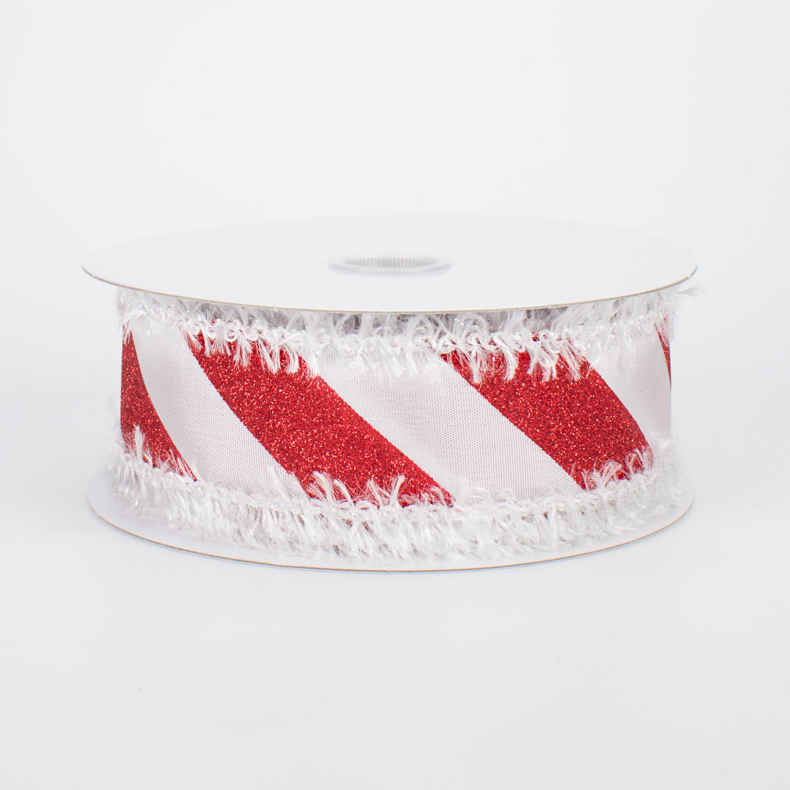 1.5" Fuzzy Edge Glittered Candy Cane Ribbon (10 Yards)