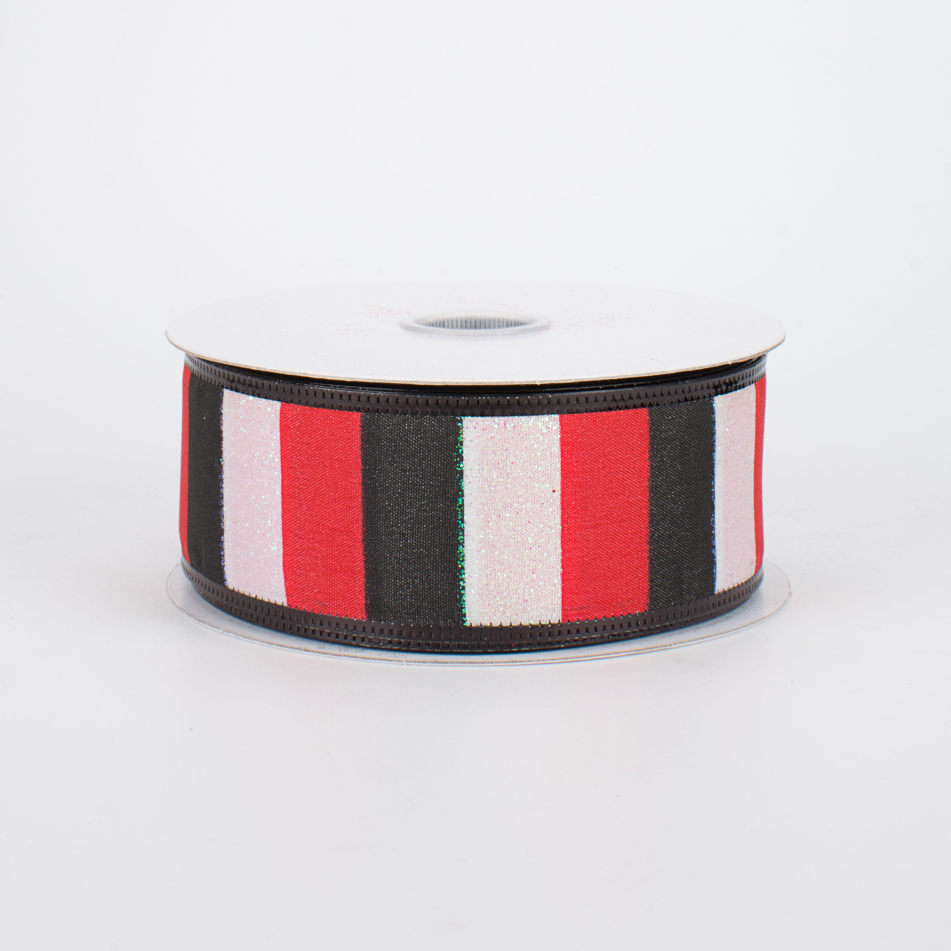 1.5" Iridescent Glitter Stripes Ribbon: Red, Black, White (10 Yards)