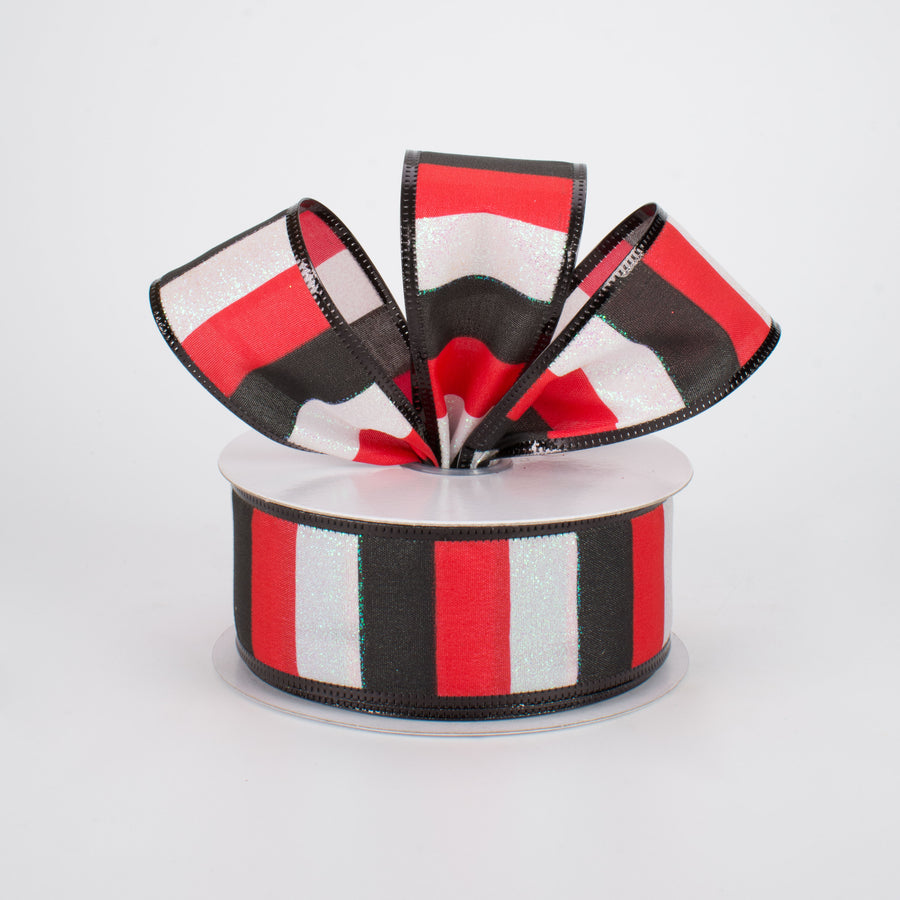1.5" Iridescent Glitter Stripes Ribbon: Red, Black, White (10 Yards)