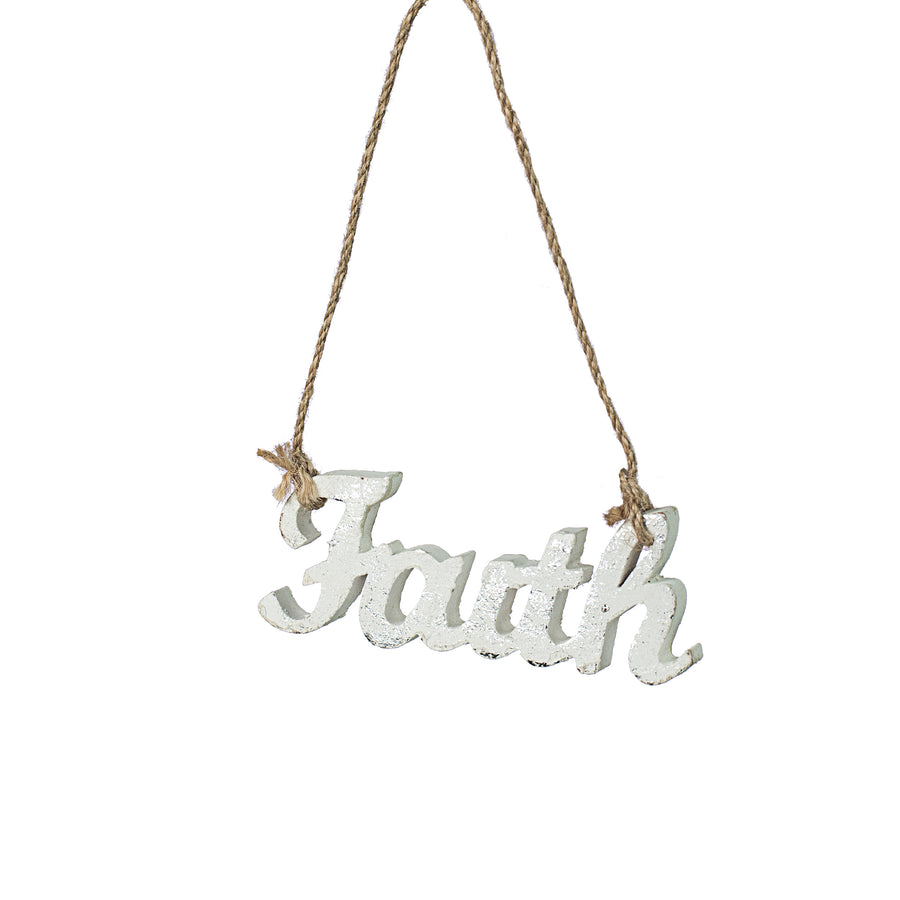 4.5" White With Foil Wooden Cutout Ornament: Faith