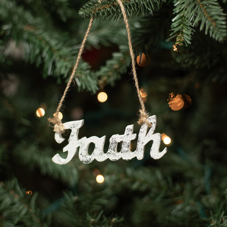 4.5" White With Foil Wooden Cutout Ornament: Faith