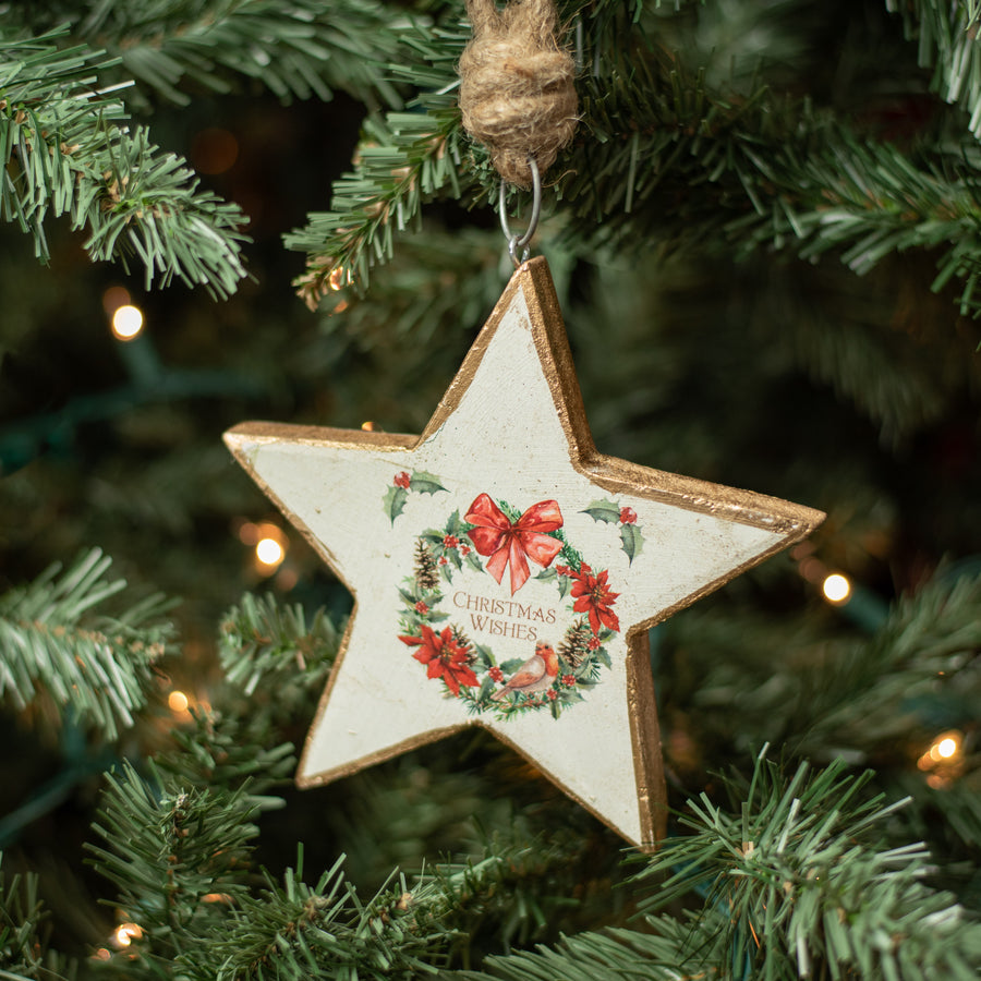 6" Wooden Star Ornament: Christmas Wreath