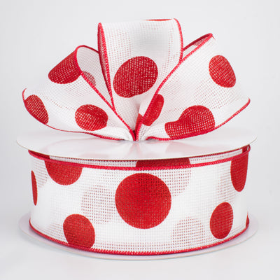 2.5" Faux Burlap Giant Polka Dot Ribbon: White With Red (50 Yards)