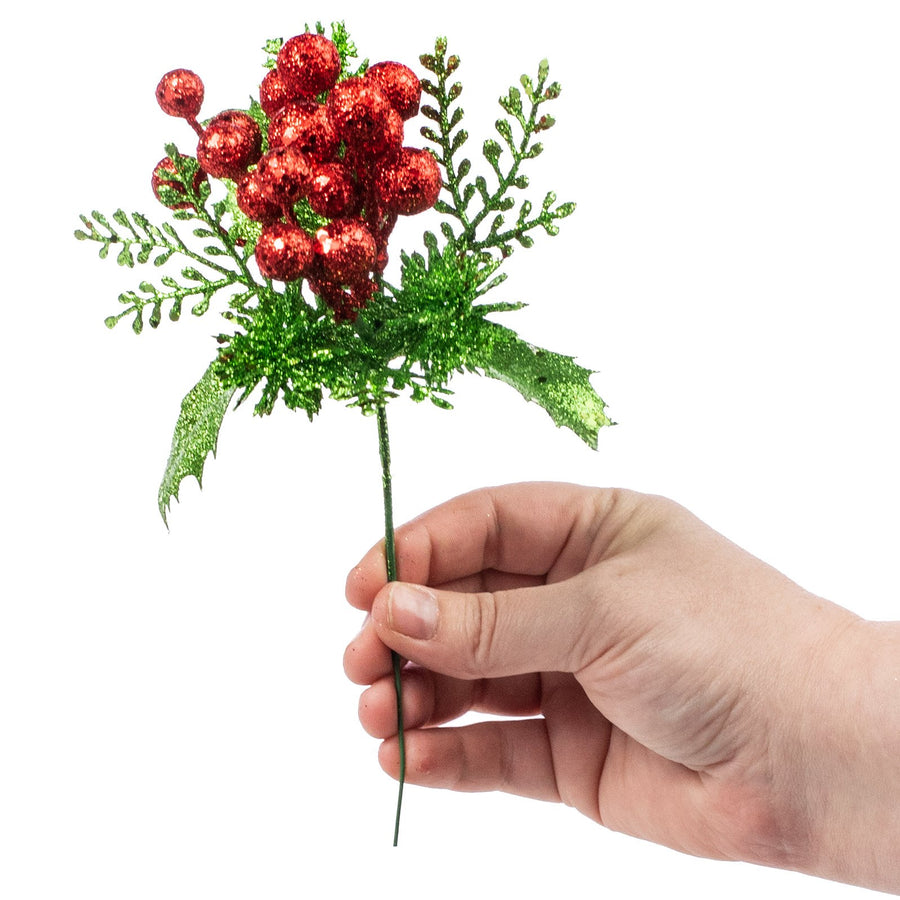 8" Glitter Holly Berry Pick: Red & Lime