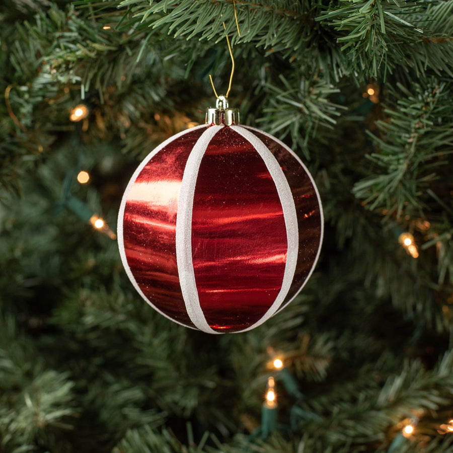 4" Segmented Stripe Ball Ornament: Red & White (4)
