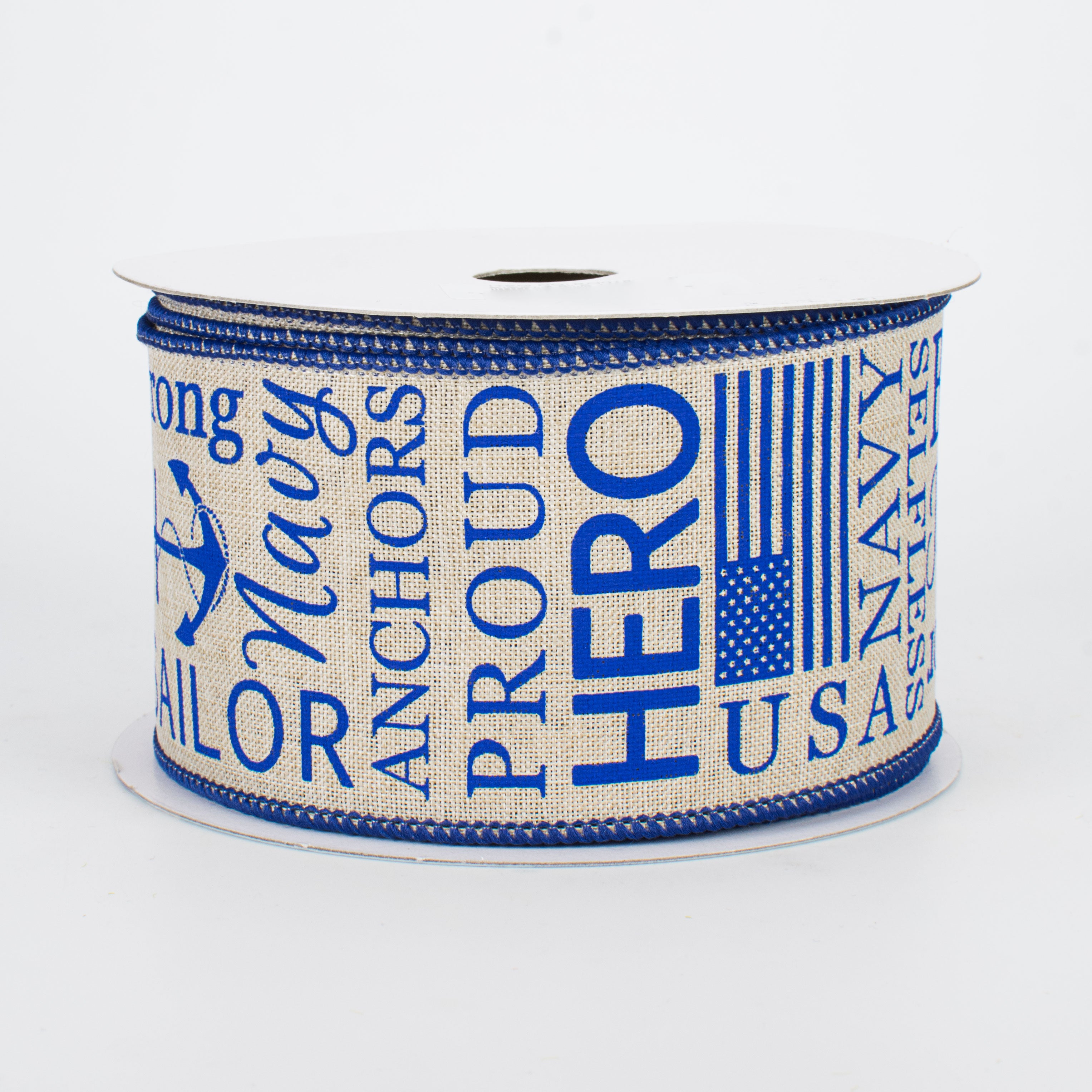 2.5" Navy Ribbon: Blue & Natural (10 Yards)