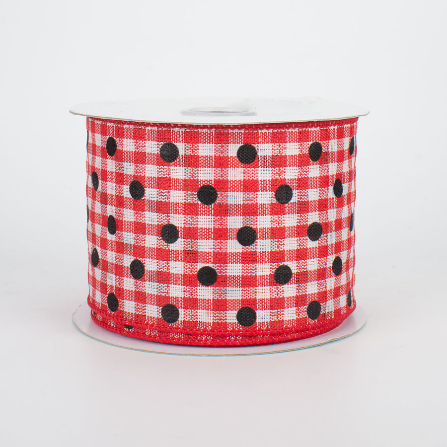 2.5" Polka Dot Gingham Ribbon: Black, Red, White (10 Yards)