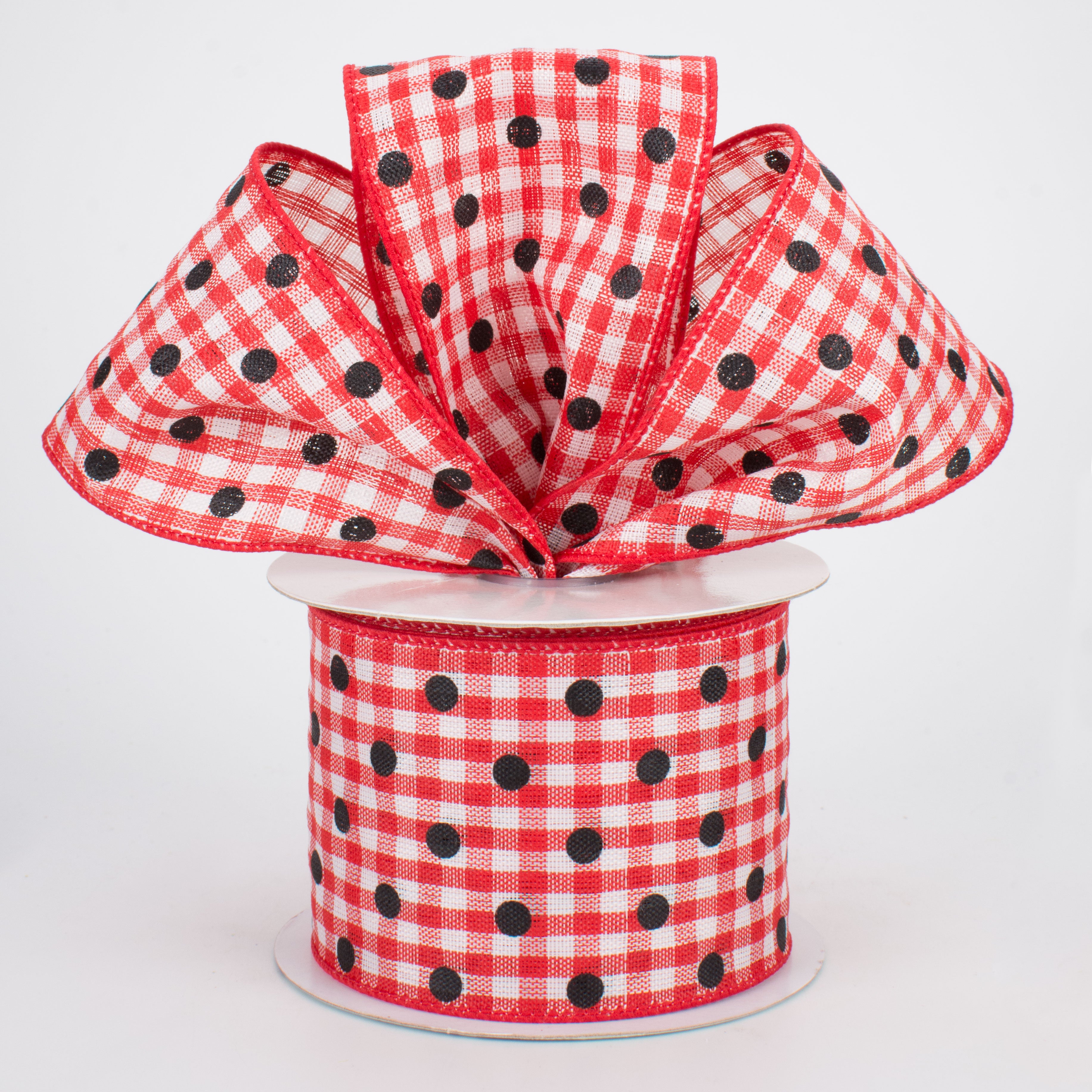 2.5" Polka Dot Gingham Ribbon: Black, Red, White (10 Yards)