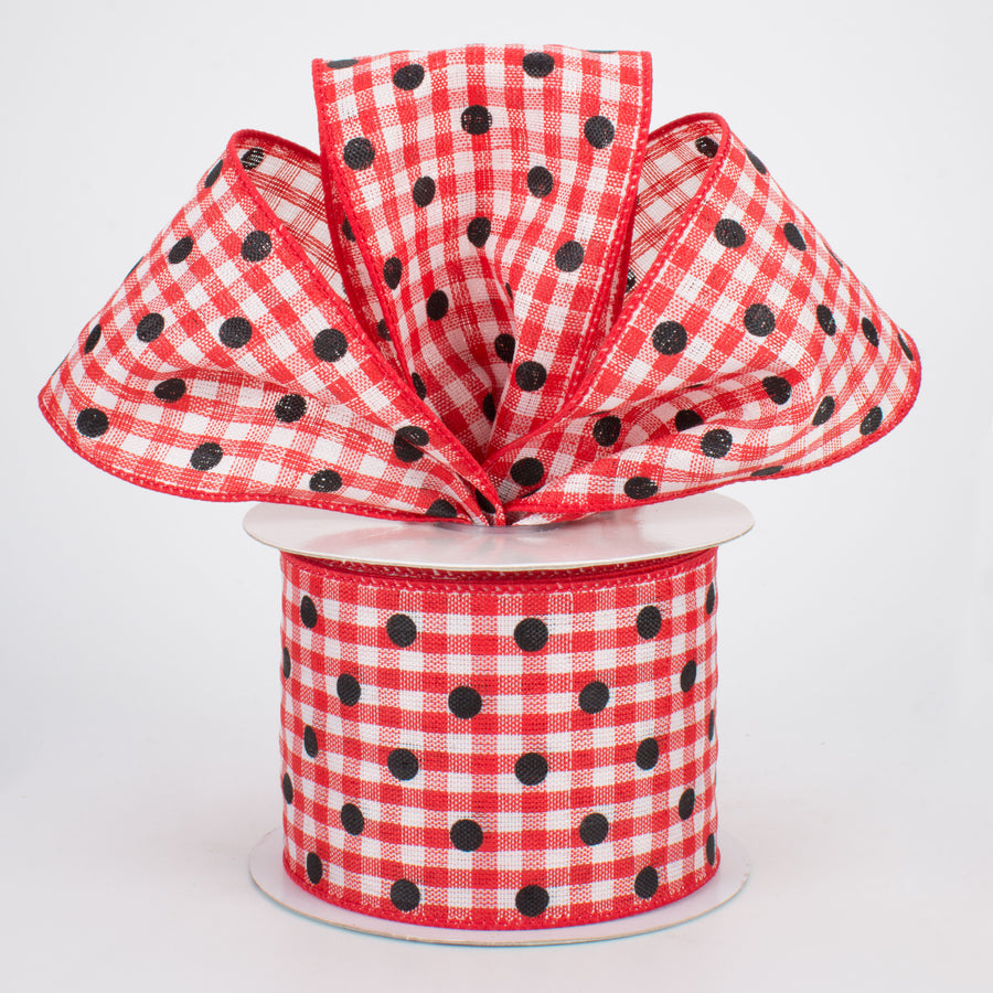 2.5" Polka Dot Gingham Ribbon: Black, Red, White (10 Yards)