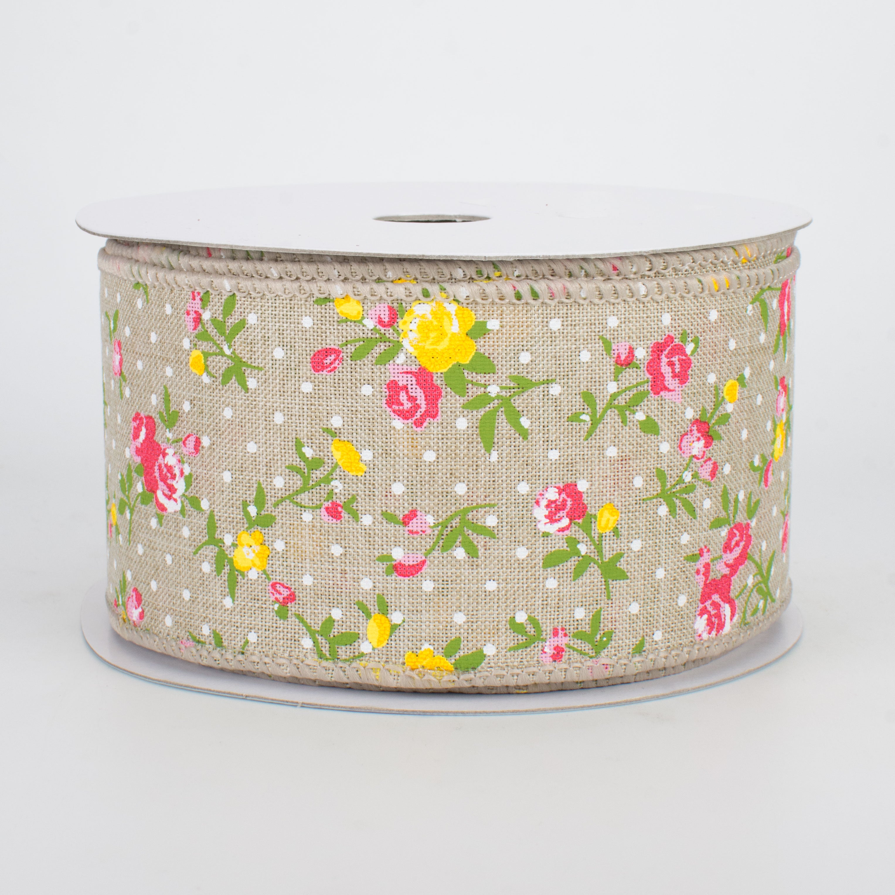 2.5" Vintage Floral Dots Ribbon: Light Natural (10 Yards)