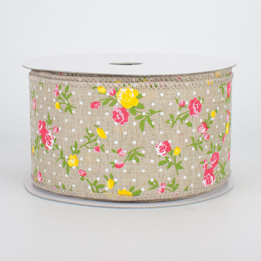 2.5" Vintage Floral Dots Ribbon: Light Natural (10 Yards)