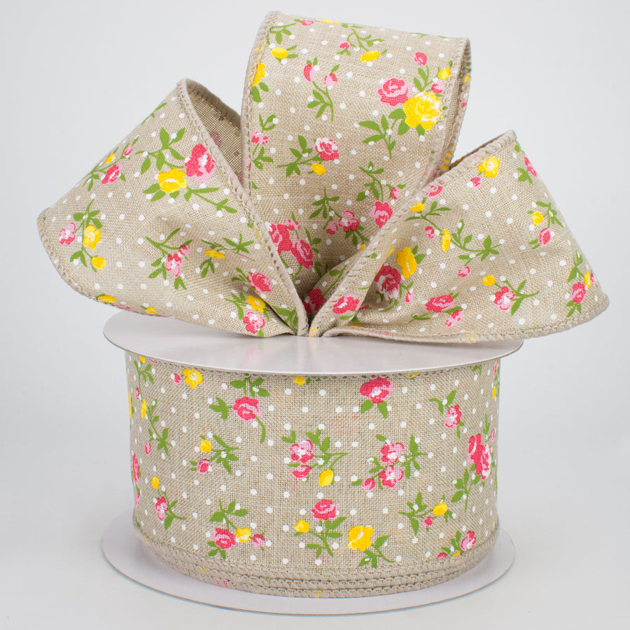 2.5" Vintage Floral Dots Ribbon: Light Natural (10 Yards)