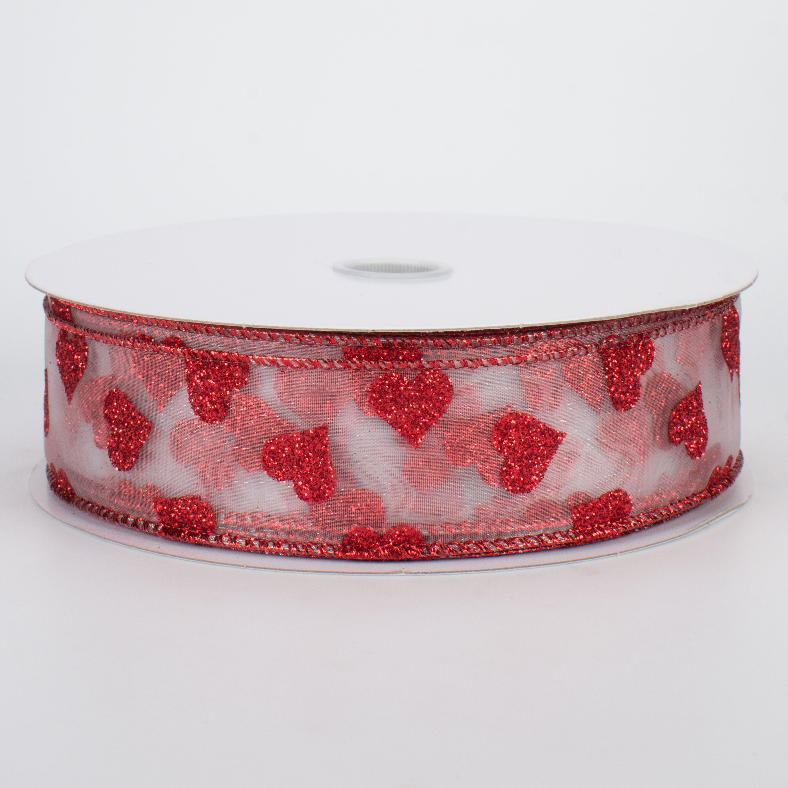 1.5" Glitter Hearts Ribbon: Red On White Sheer (50 Yards)