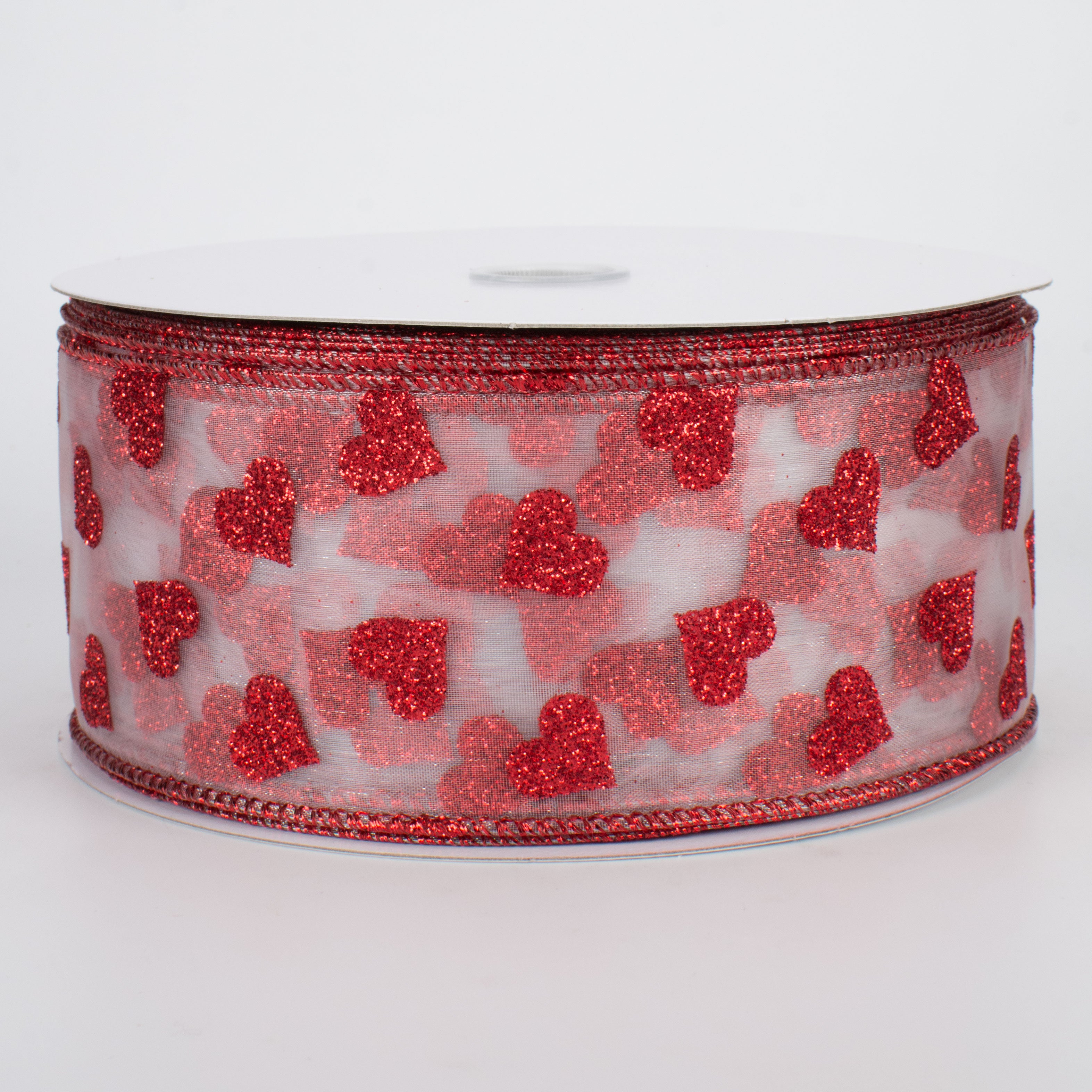 2.5" Glitter Hearts Ribbon: Red On White Sheer (50 Yards)
