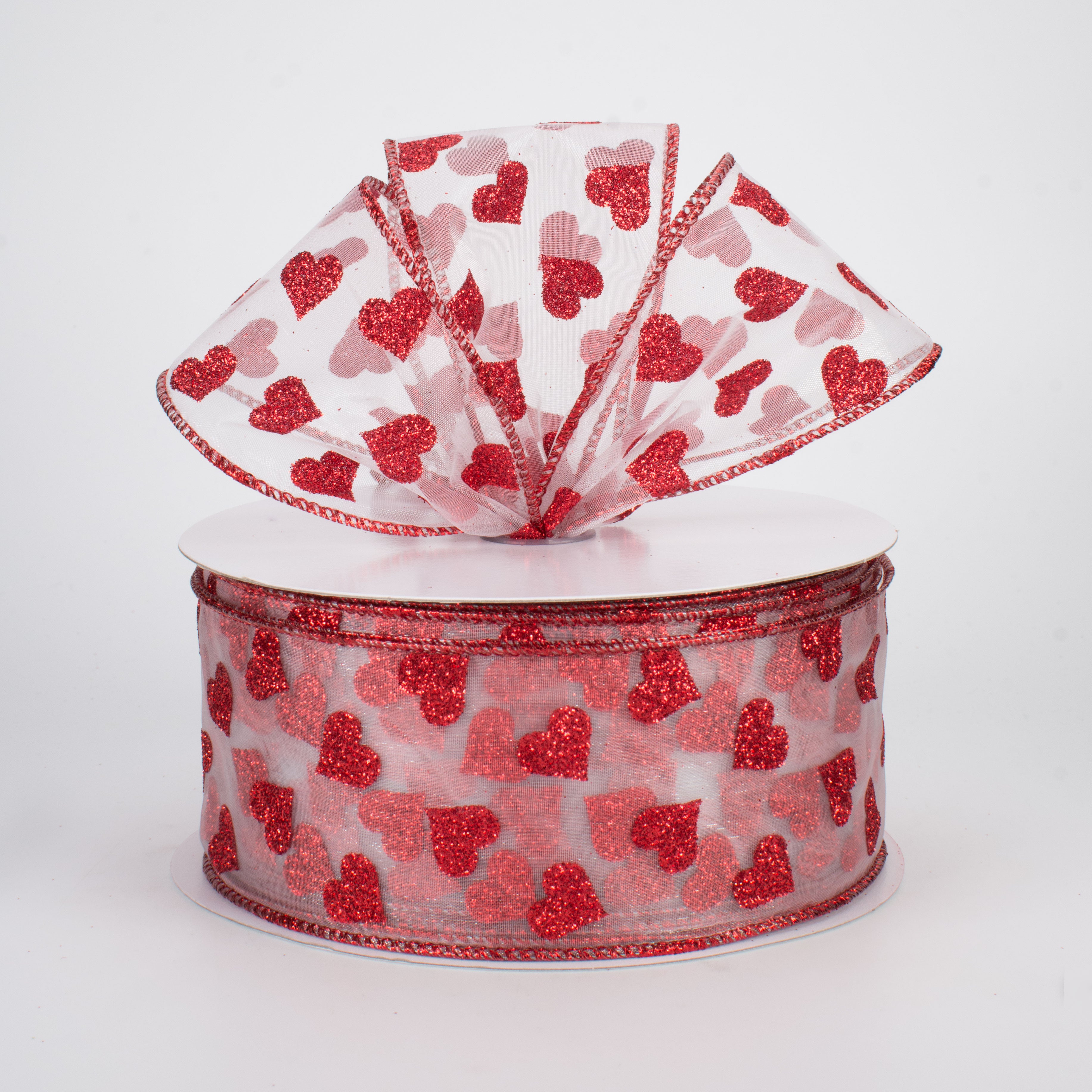 2.5" Glitter Hearts Ribbon: Red On White Sheer (50 Yards)