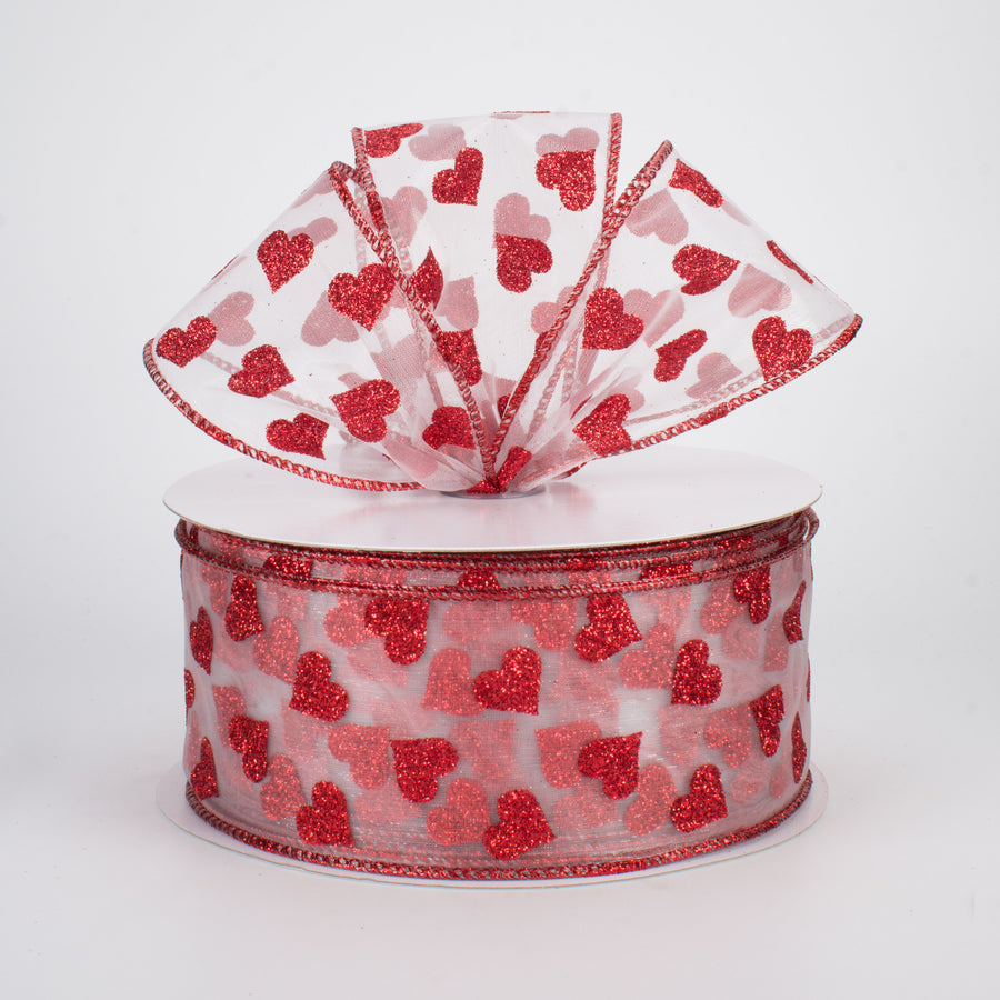 2.5" Glitter Hearts Ribbon: Red On White Sheer (50 Yards)