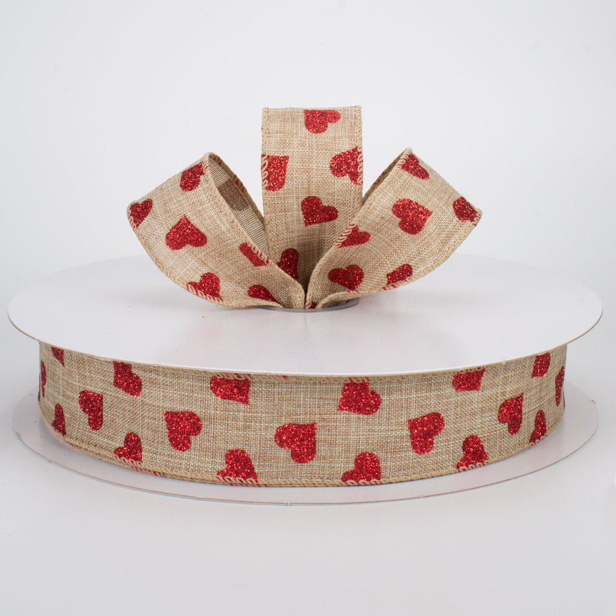 1.5" Glitter Hearts Ribbon: Red On Natural (50 Yards)