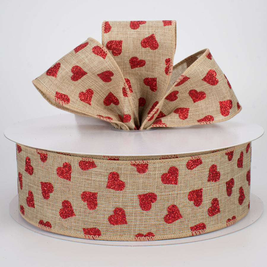 2.5" Glitter Hearts Ribbon: Red On Natural (50 Yards)