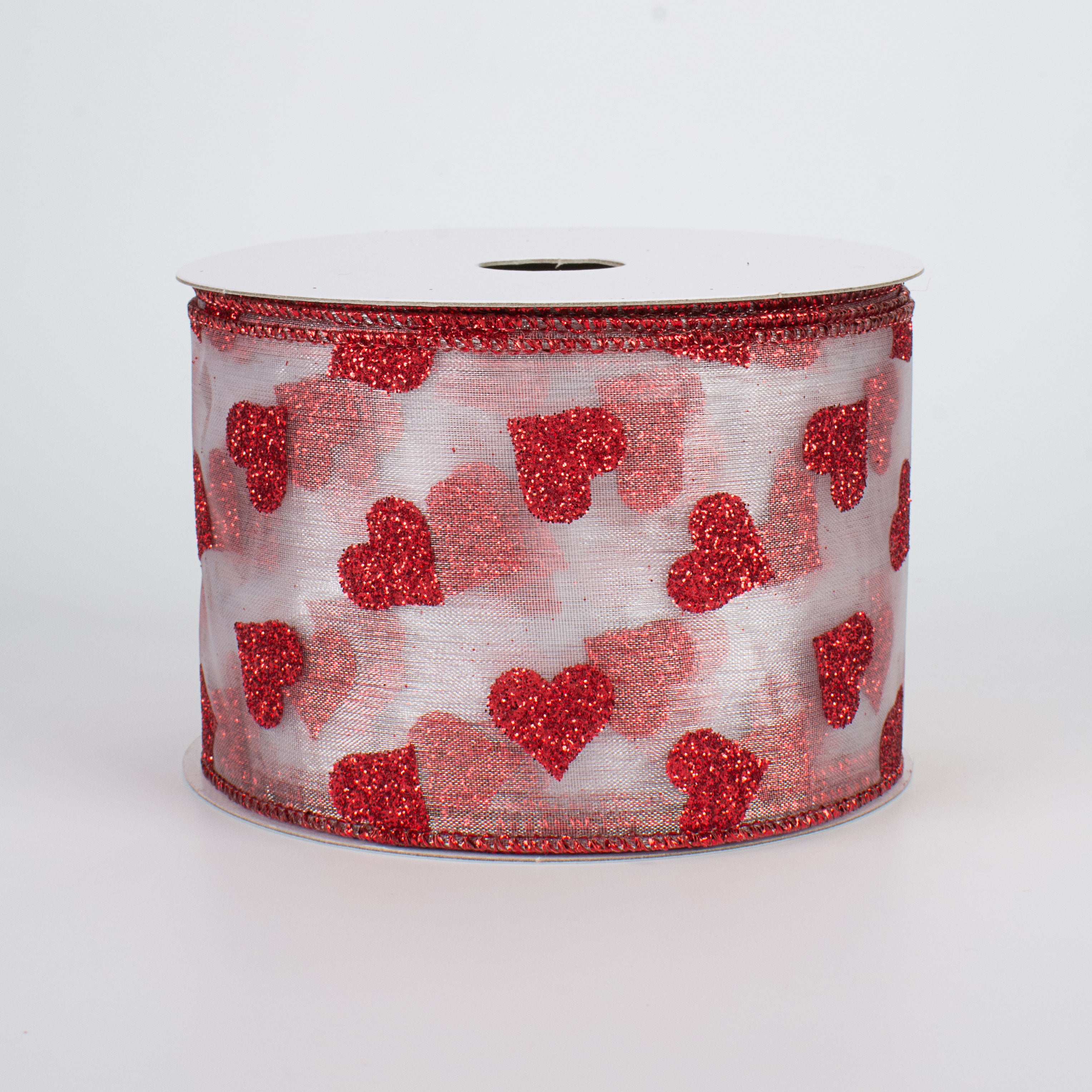 2.5" Glitter Hearts Ribbon: Red On White Sheer (10 Yards)