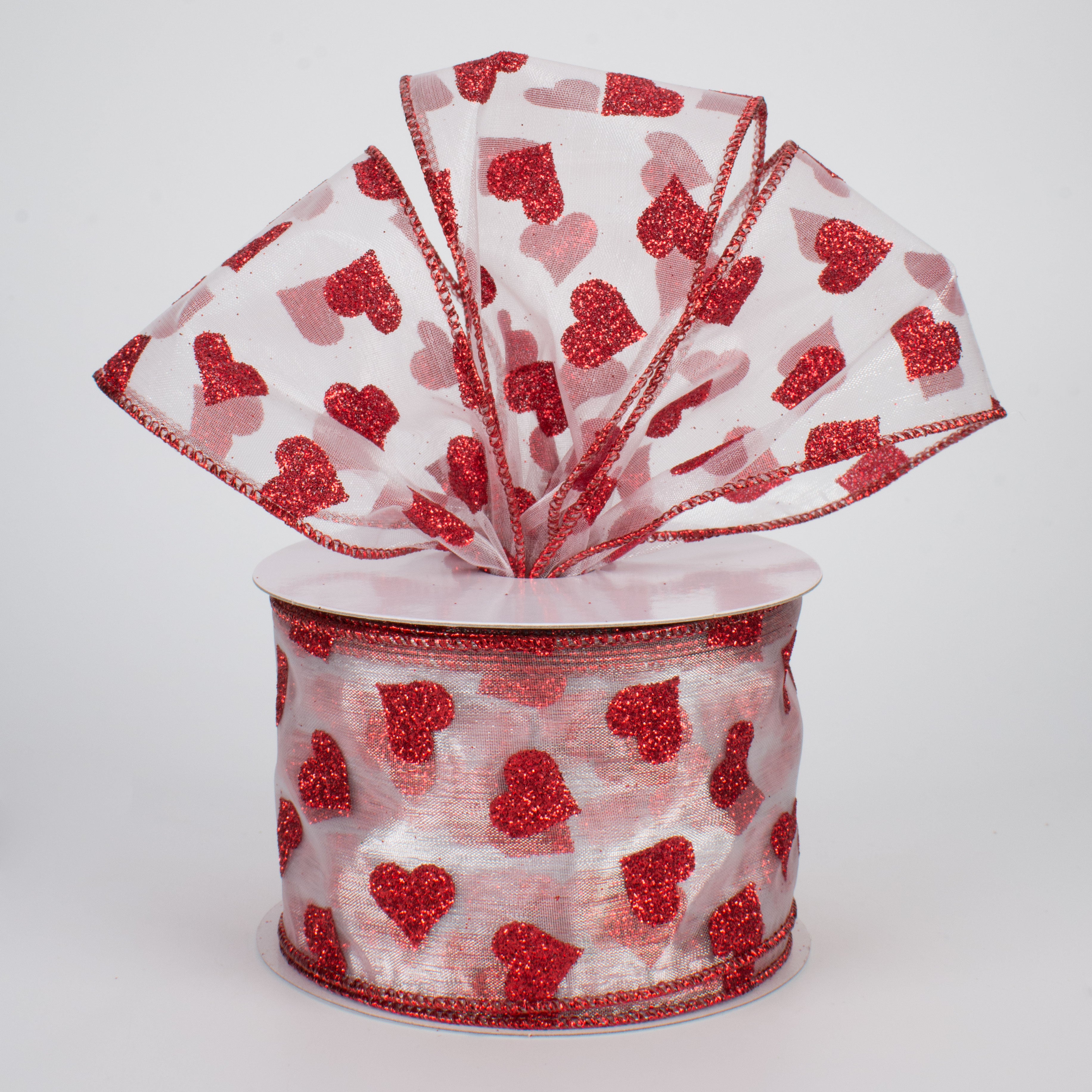 2.5" Glitter Hearts Ribbon: Red On White Sheer (10 Yards)