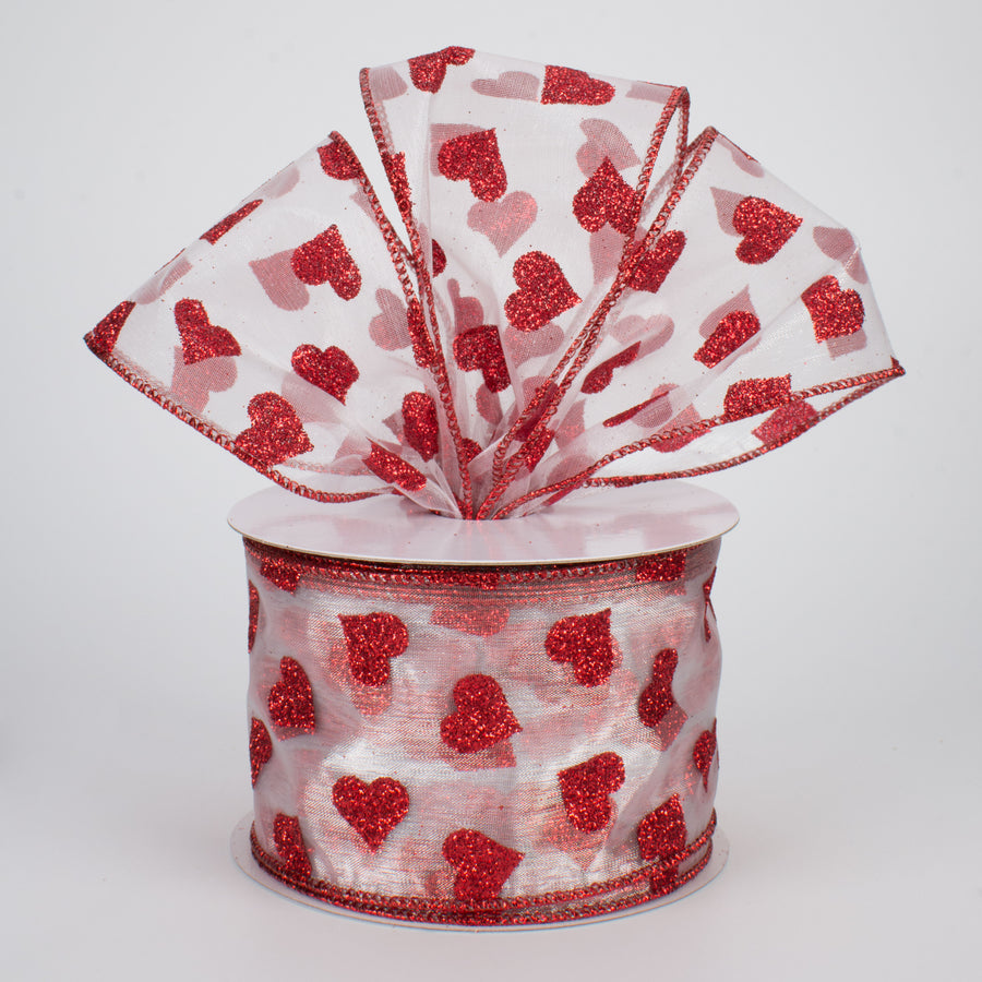2.5" Glitter Hearts Ribbon: Red On White Sheer (10 Yards)