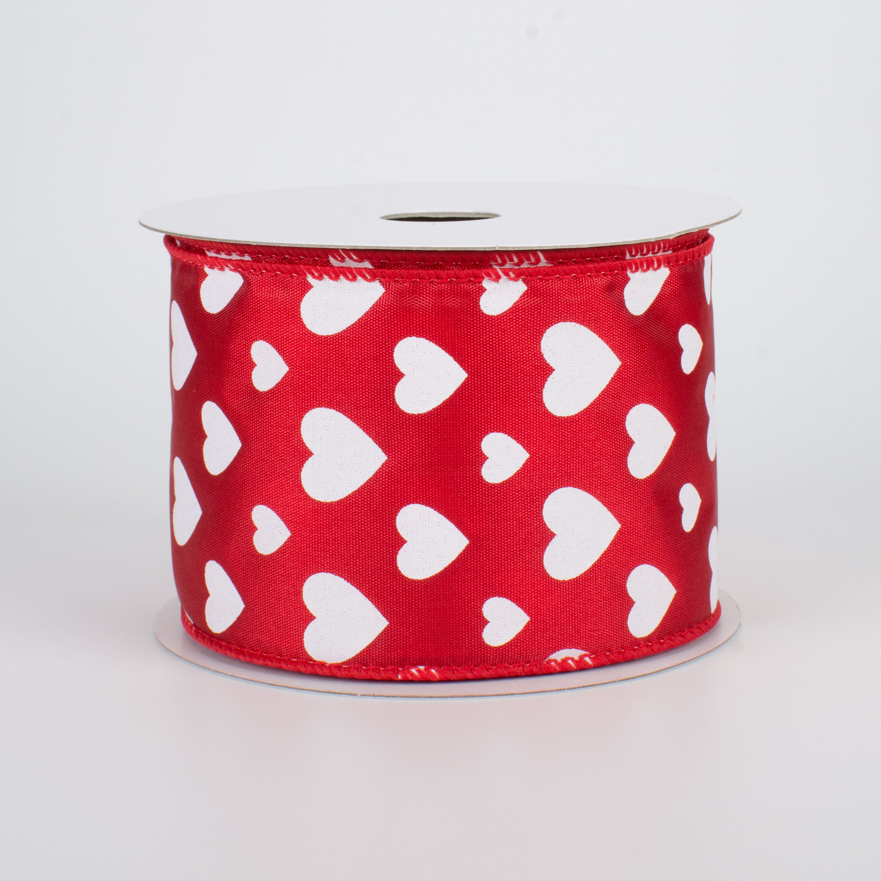 2.5" Hearts Ribbon: White On Red Satin (10 Yards)