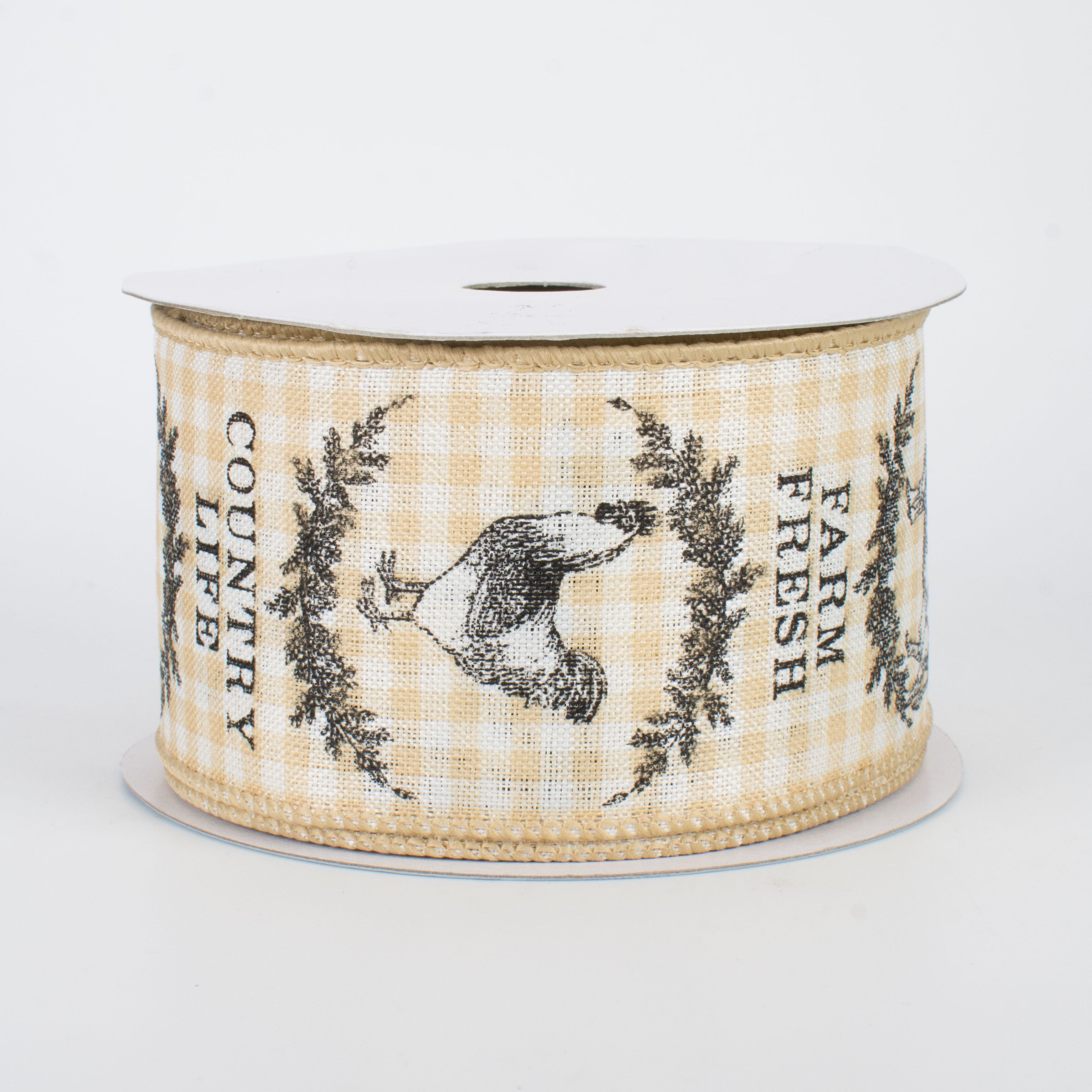 2.5" Farmhouse Animals Ribbon: Ivory & Beige Check (10 Yards)
