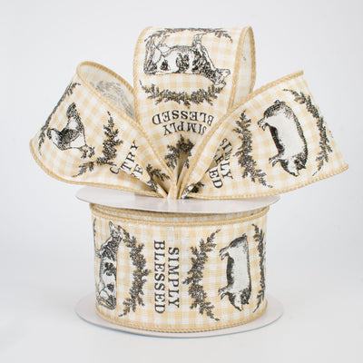 2.5" Farmhouse Animals Ribbon: Ivory & Beige Check (10 Yards)