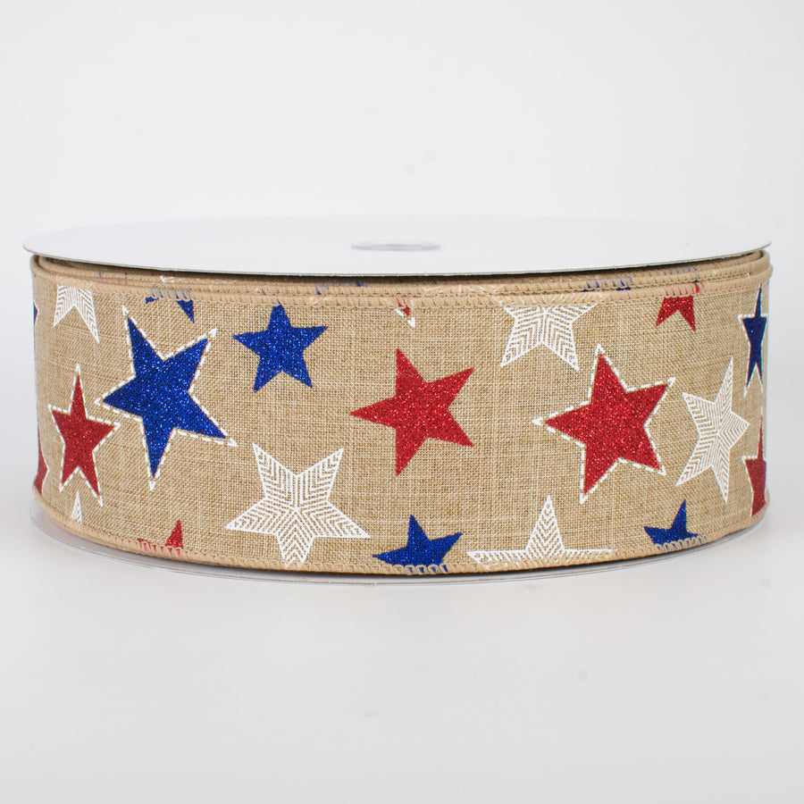 2.5" Glitter Patriotic Star Ribbon: Natural (50 Yards)