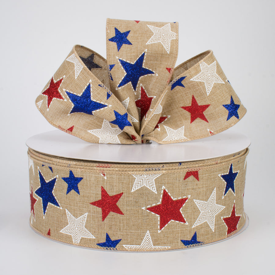 2.5" Glitter Patriotic Star Ribbon: Natural (50 Yards)