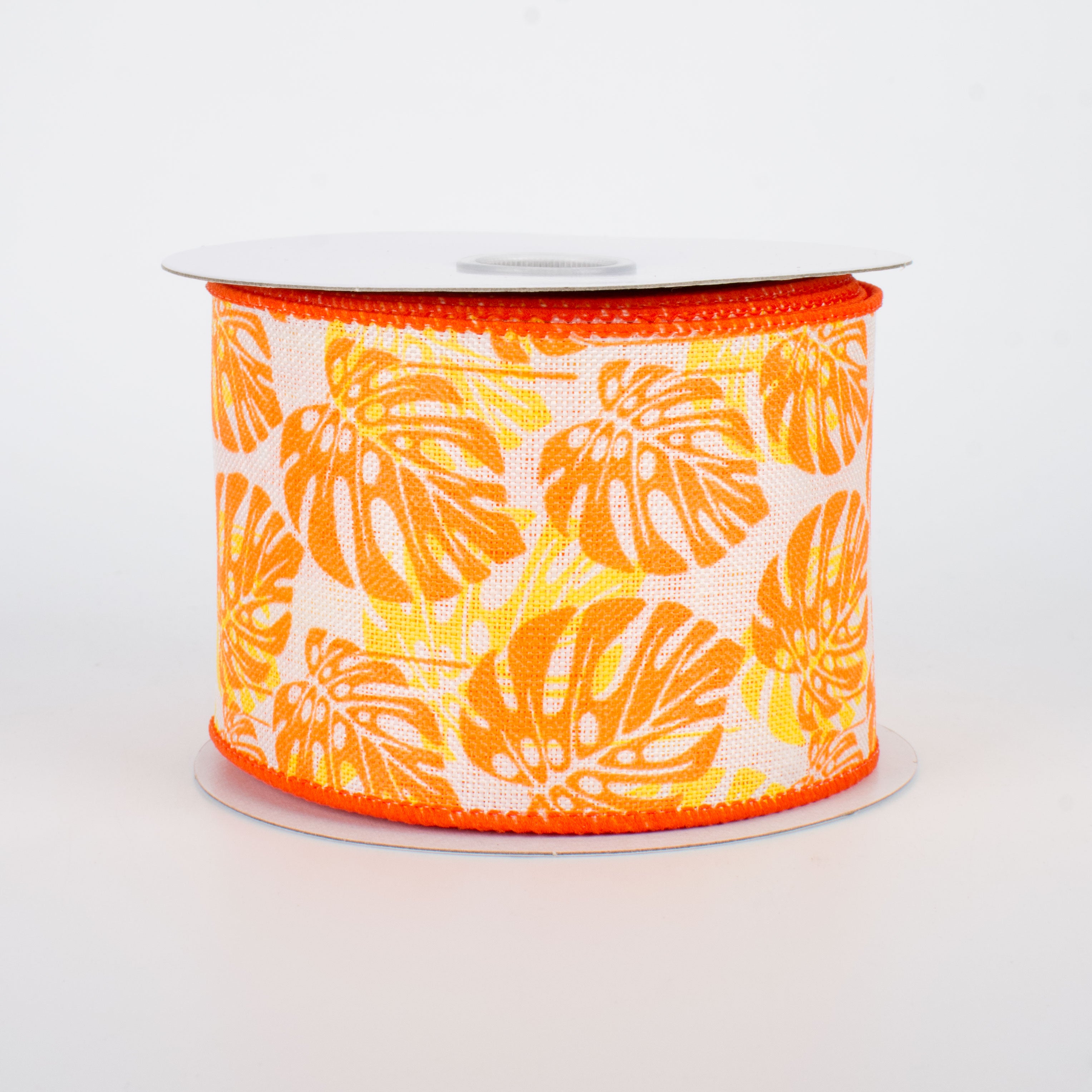 2.5" Tropical Philodendron Leaves Ribbon: Orange (10 Yards)