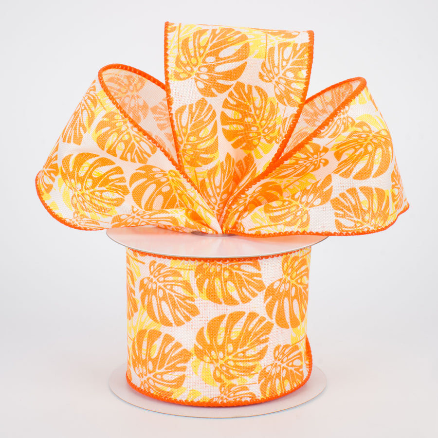 2.5" Tropical Philodendron Leaves Ribbon: Orange (10 Yards)
