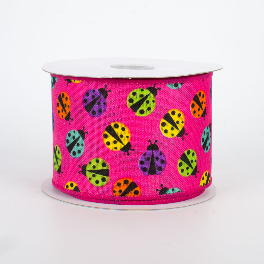2.5" Multicolored Ladybug Ribbon: Pink (10 Yards)