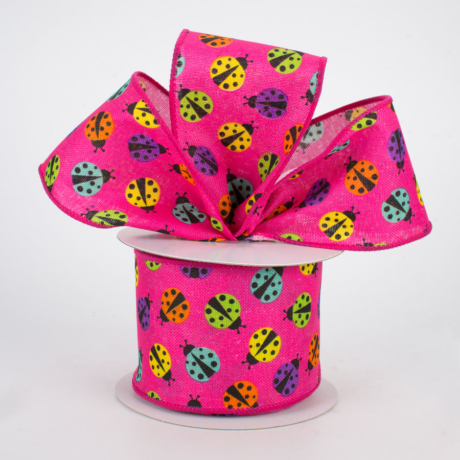 2.5" Multicolored Ladybug Ribbon: Pink (10 Yards)