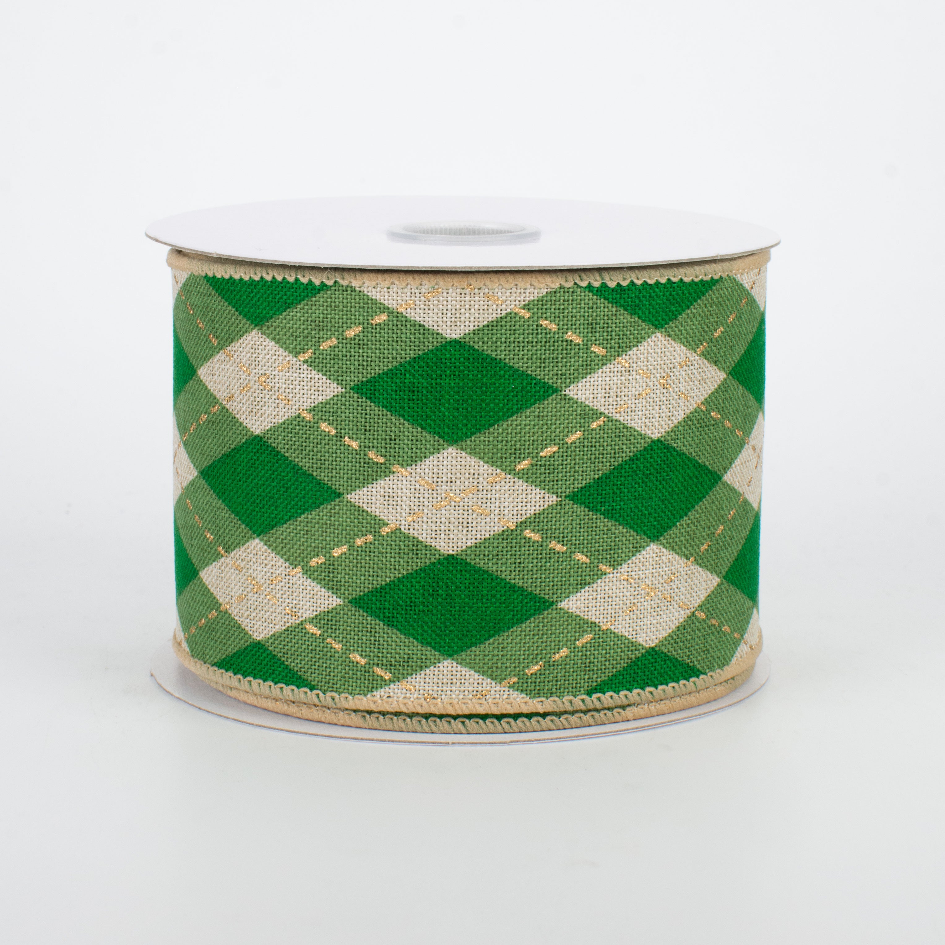 2.5" Argyle Plaid Ribbon: Green & Natural (10 Yards)