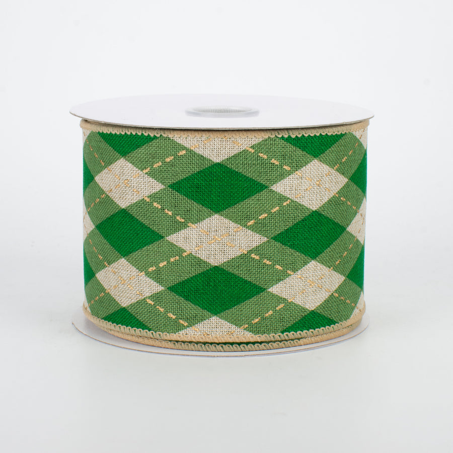 2.5" Argyle Plaid Ribbon: Green & Natural (10 Yards)
