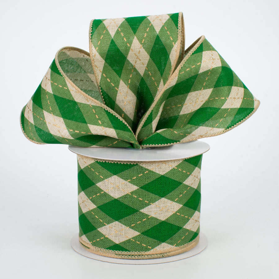 2.5" Argyle Plaid Ribbon: Green & Natural (10 Yards)