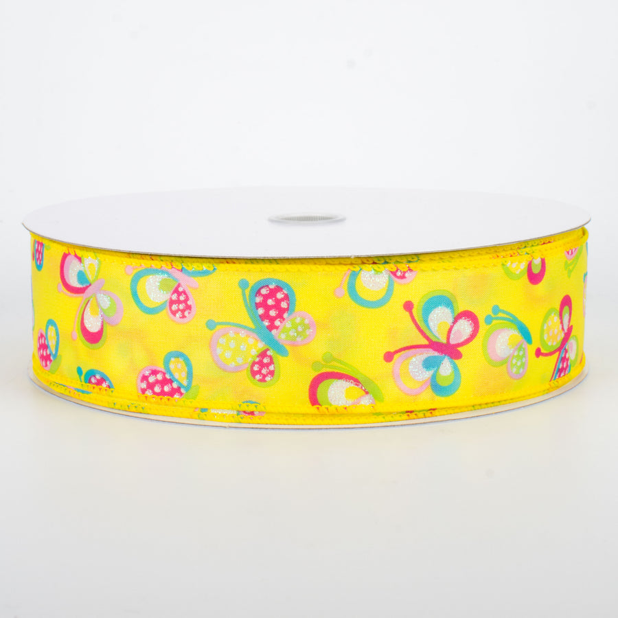 1.5" Glitter Butterfly Ribbon: Yellow (50 Yards)