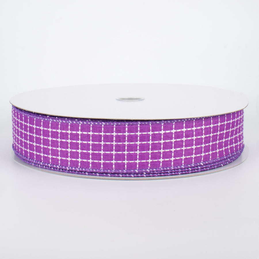 1.5" Embroidered Stitched Squares Ribbon: Purple (50 Yards)