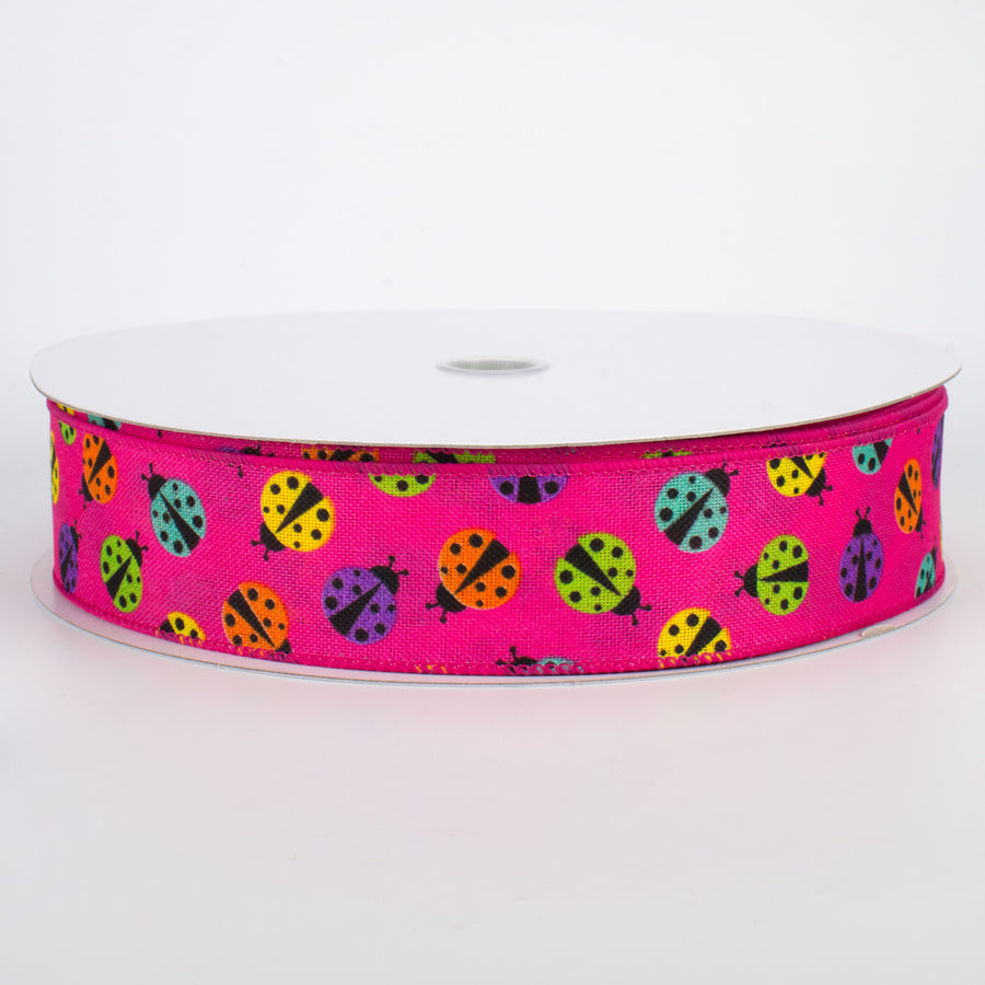 1.5" Multicolored Ladybugs Ribbon: Pink (50 Yards)