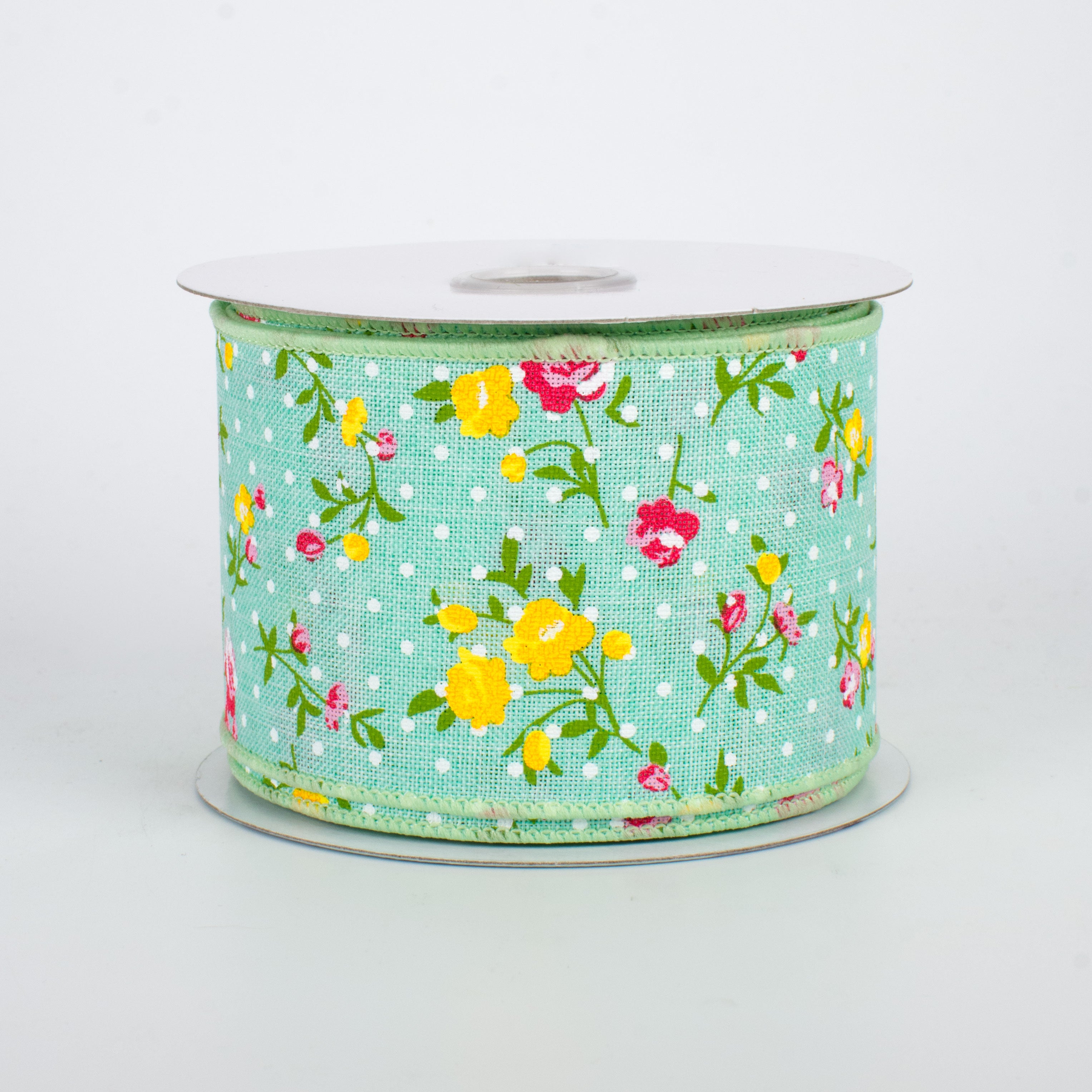 2.5" Vintage Floral Dots Ribbon: Mint Green (10 Yards)