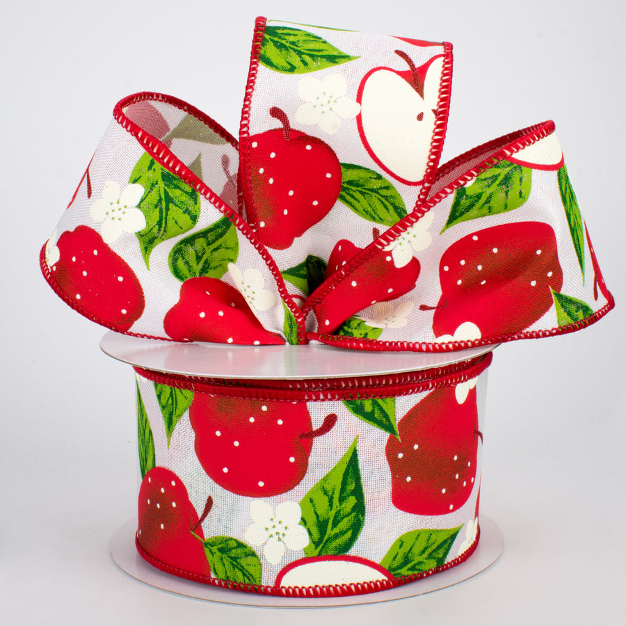 2.5" Apples Ribbon: White (10 Yards)