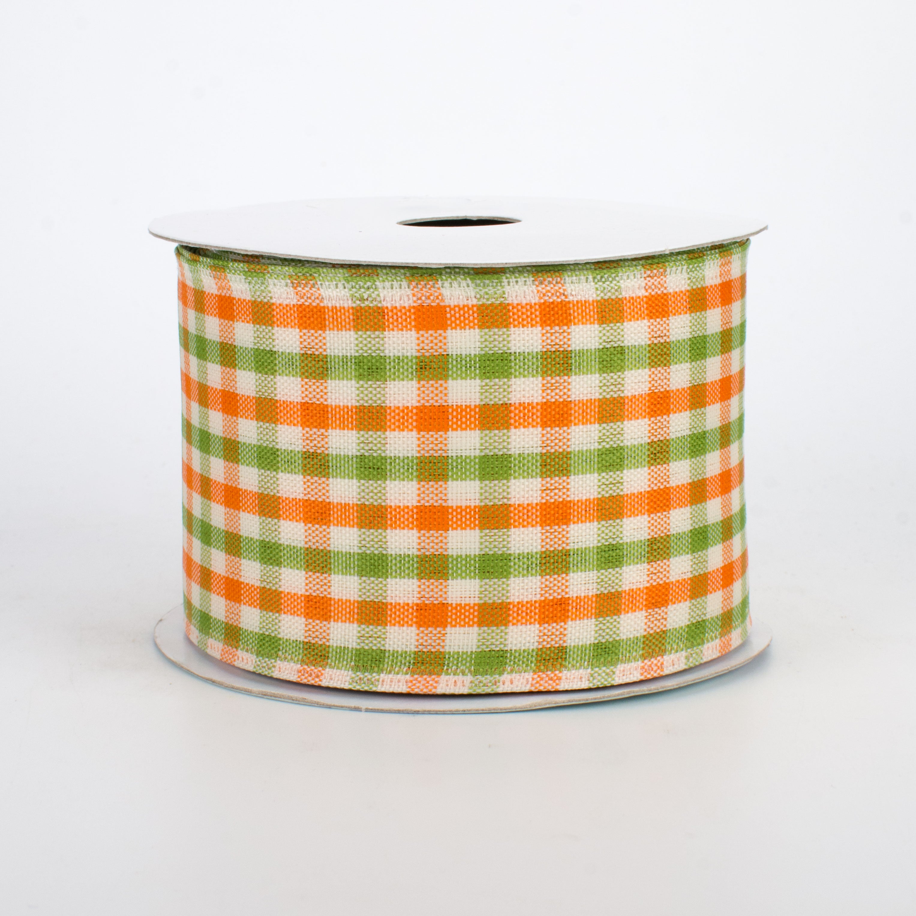2.5" Woven Gingham Check Ribbon: Orange, Moss, Ivory (10 Yards)