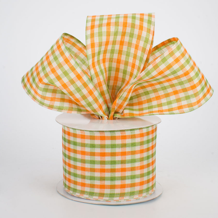 2.5" Woven Gingham Check Ribbon: Orange, Moss, Ivory (10 Yards)