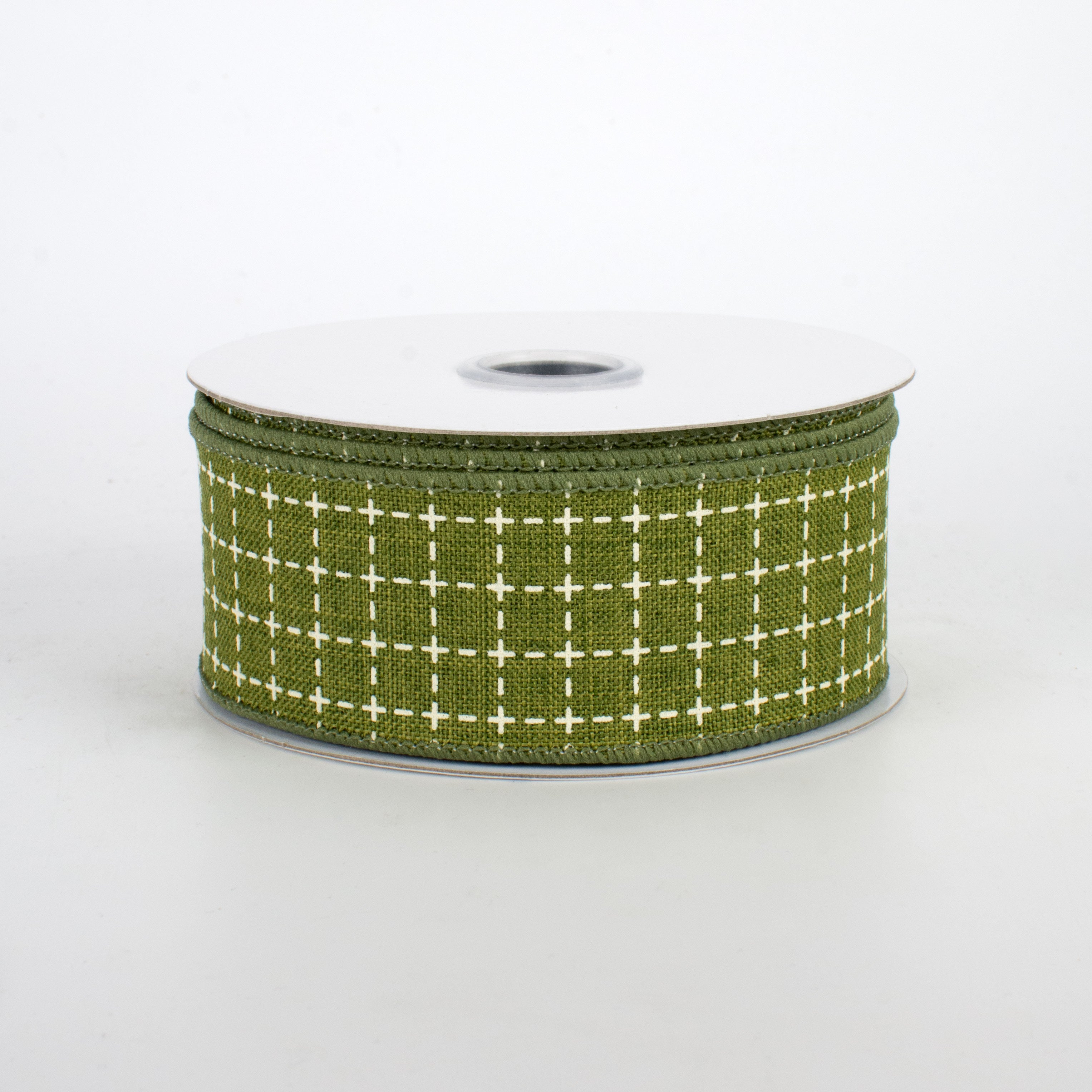 1.5" Stitched Squares Ribbon: Moss Green & Cream (10 Yards)